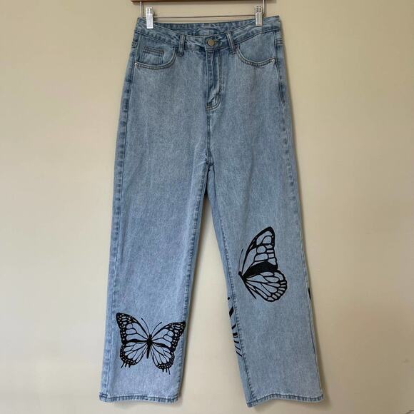 90s Y2K JEANS High Rise Butterfly Wide Boho Baggy Light Wash Size Medium - Picture 2 of 11